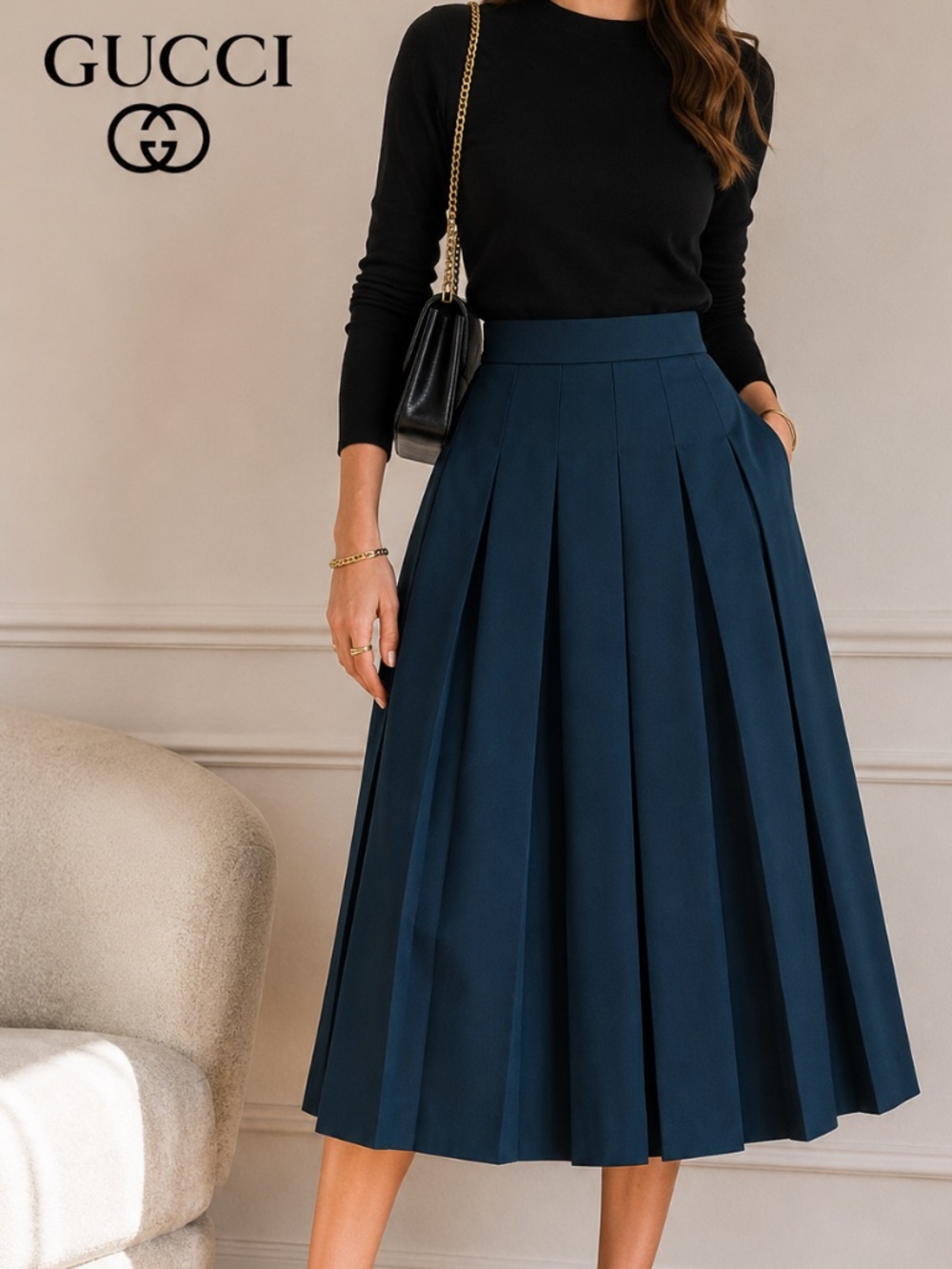 Gucci Pleated Midi Skirt NWT | Navy Blue Structured Luxury Skirt | IT 40